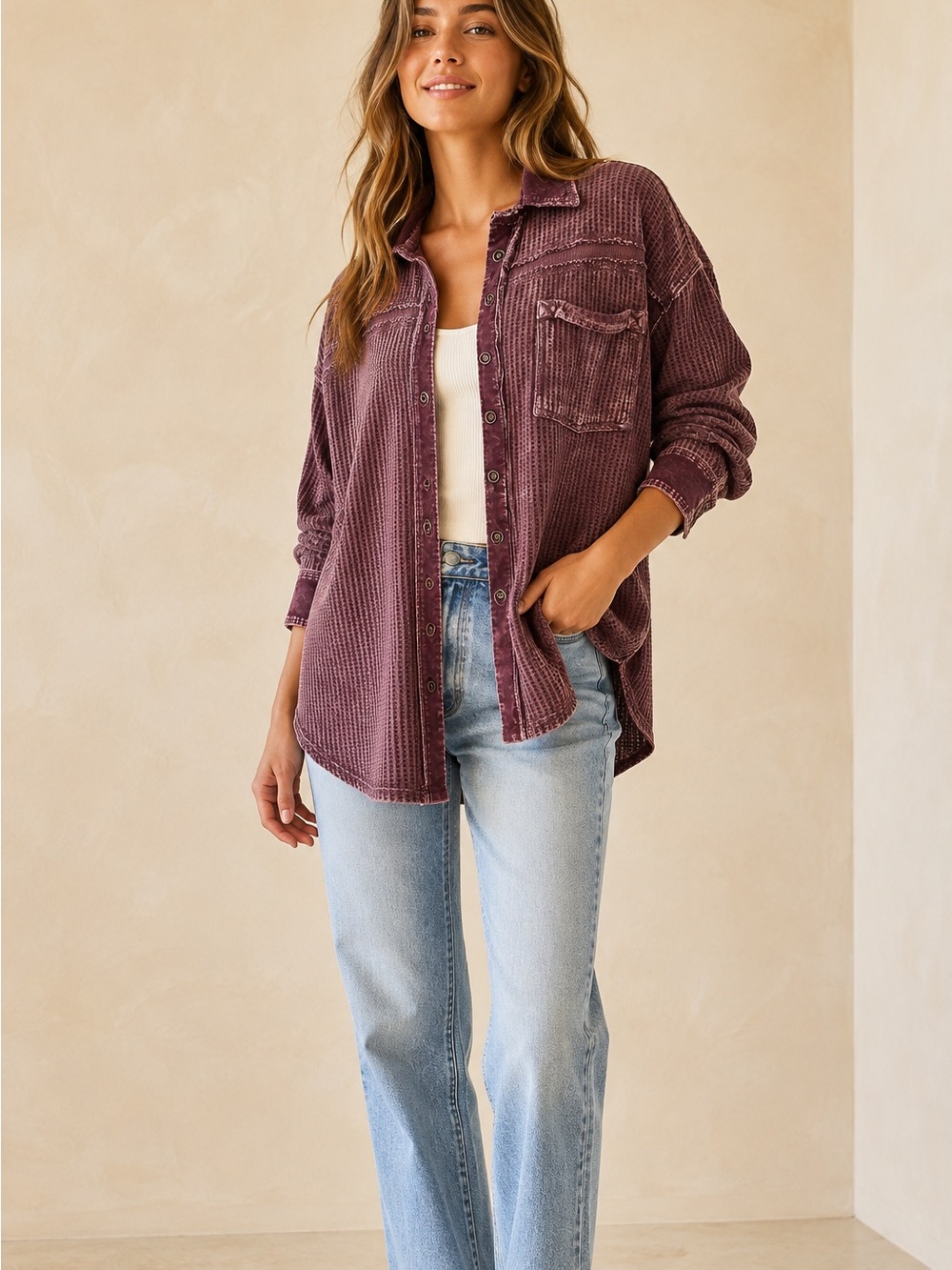 BKE XS/ S Distressed Waffle Knit Shirt Plum Mineral Wash Grunge Snap Front